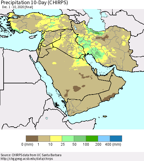 Middle East and Turkey Precipitation 10-Day (CHIRPS) Thematic Map For 12/1/2020 - 12/10/2020