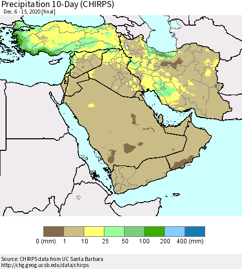 Middle East and Turkey Precipitation 10-Day (CHIRPS) Thematic Map For 12/6/2020 - 12/15/2020