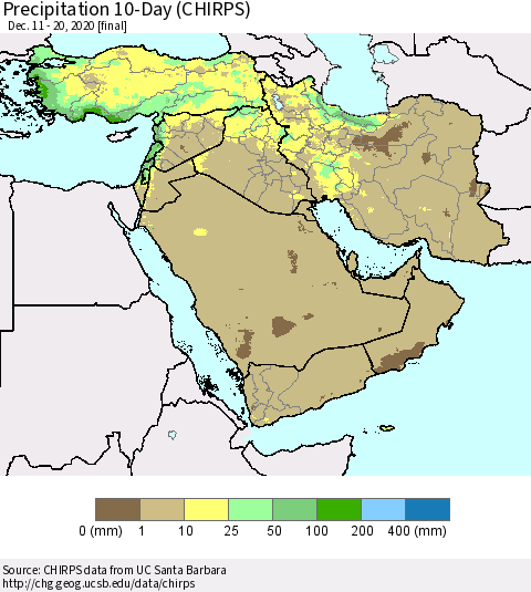 Middle East and Turkey Precipitation 10-Day (CHIRPS) Thematic Map For 12/11/2020 - 12/20/2020