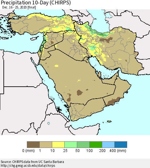 Middle East and Turkey Precipitation 10-Day (CHIRPS) Thematic Map For 12/16/2020 - 12/25/2020