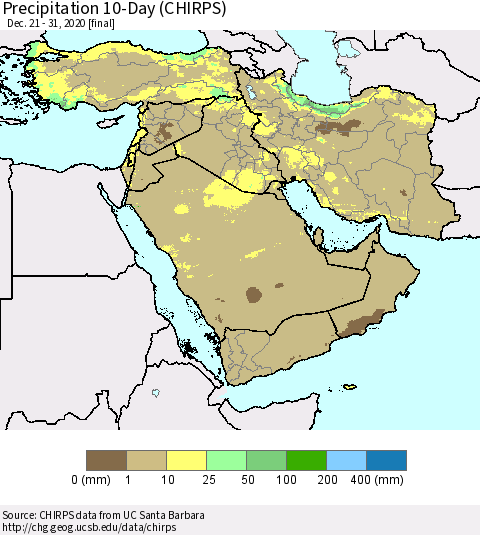 Middle East and Turkey Precipitation 10-Day (CHIRPS) Thematic Map For 12/21/2020 - 12/31/2020