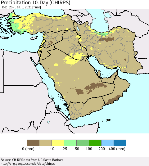 Middle East and Turkey Precipitation 10-Day (CHIRPS) Thematic Map For 12/26/2020 - 1/5/2021