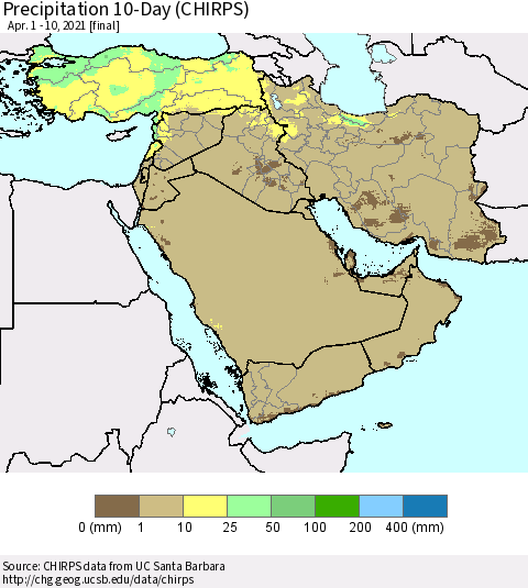 Middle East and Turkey Precipitation 10-Day (CHIRPS) Thematic Map For 4/1/2021 - 4/10/2021