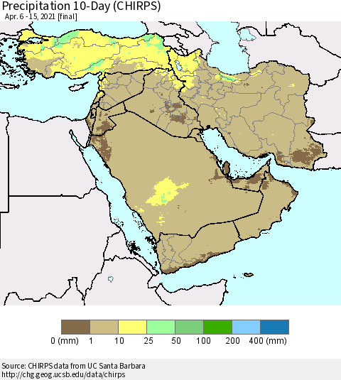 Middle East and Turkey Precipitation 10-Day (CHIRPS) Thematic Map For 4/6/2021 - 4/15/2021