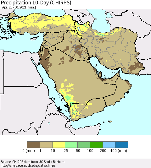 Middle East and Turkey Precipitation 10-Day (CHIRPS) Thematic Map For 4/21/2021 - 4/30/2021