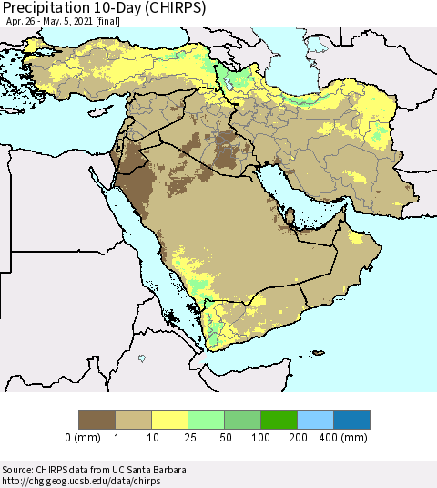 Middle East and Turkey Precipitation 10-Day (CHIRPS) Thematic Map For 4/26/2021 - 5/5/2021