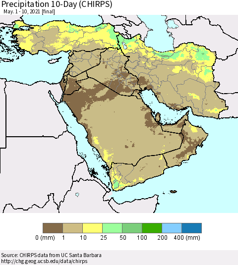 Middle East and Turkey Precipitation 10-Day (CHIRPS) Thematic Map For 5/1/2021 - 5/10/2021