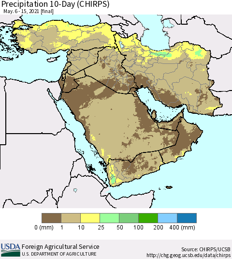 Middle East and Turkey Precipitation 10-Day (CHIRPS) Thematic Map For 5/6/2021 - 5/15/2021