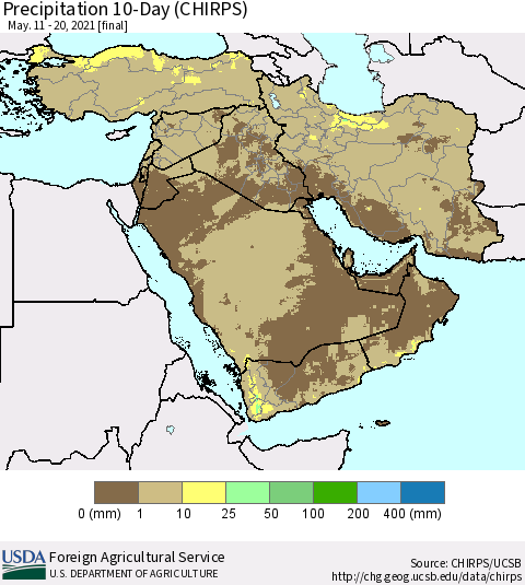 Middle East and Turkey Precipitation 10-Day (CHIRPS) Thematic Map For 5/11/2021 - 5/20/2021