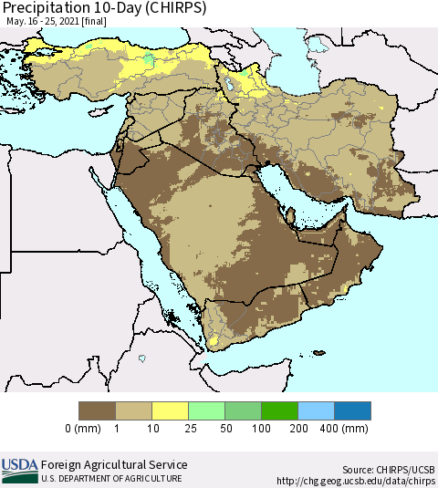 Middle East and Turkey Precipitation 10-Day (CHIRPS) Thematic Map For 5/16/2021 - 5/25/2021