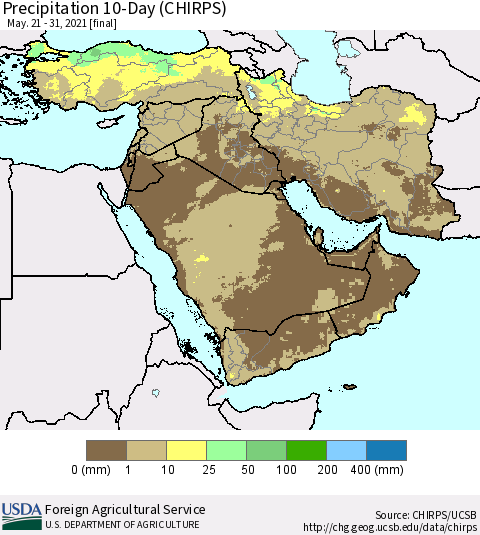 Middle East and Turkey Precipitation 10-Day (CHIRPS) Thematic Map For 5/21/2021 - 5/31/2021