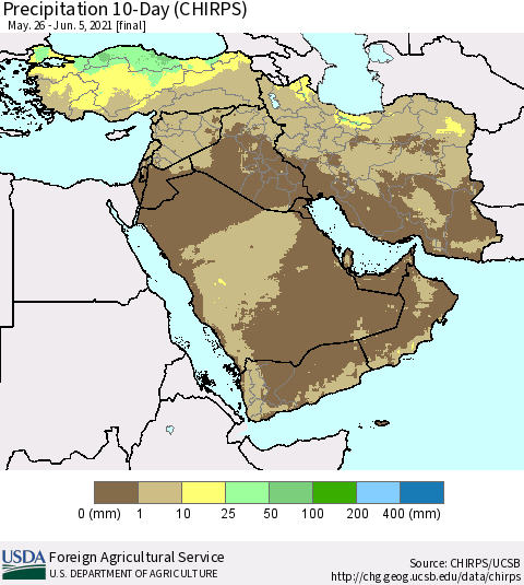 Middle East and Turkey Precipitation 10-Day (CHIRPS) Thematic Map For 5/26/2021 - 6/5/2021