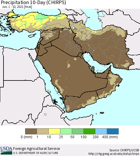Middle East and Turkey Precipitation 10-Day (CHIRPS) Thematic Map For 6/1/2021 - 6/10/2021