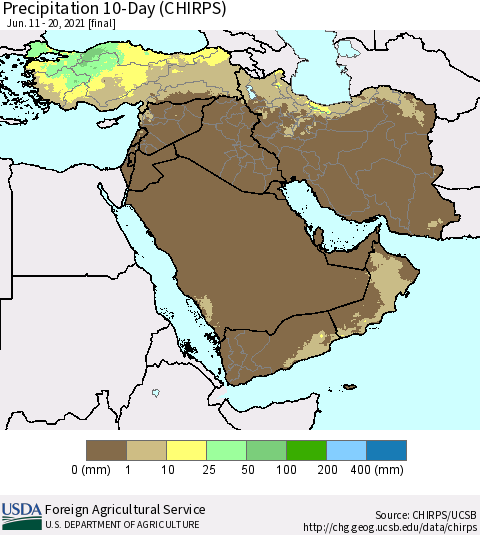 Middle East and Turkey Precipitation 10-Day (CHIRPS) Thematic Map For 6/11/2021 - 6/20/2021