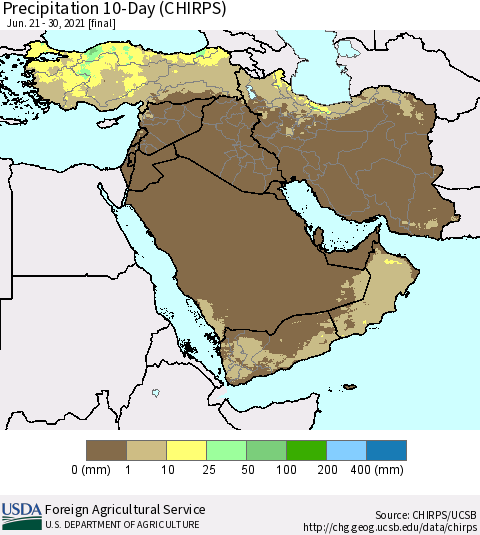 Middle East and Turkey Precipitation 10-Day (CHIRPS) Thematic Map For 6/21/2021 - 6/30/2021