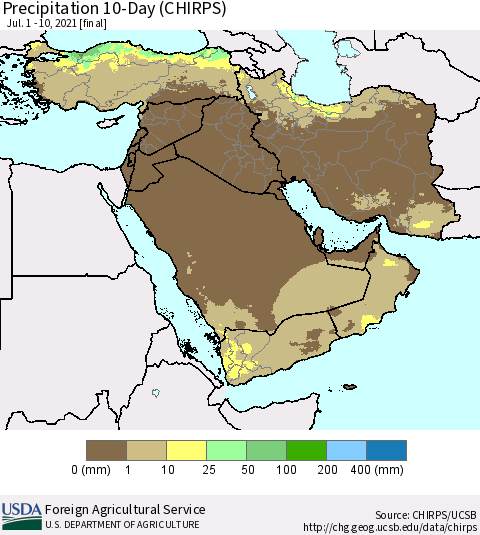 Middle East and Turkey Precipitation 10-Day (CHIRPS) Thematic Map For 7/1/2021 - 7/10/2021