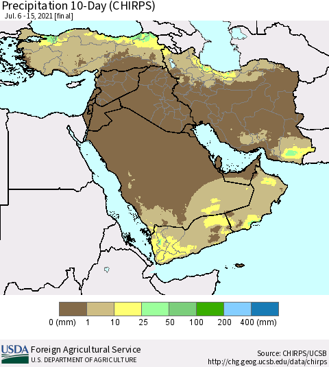 Middle East and Turkey Precipitation 10-Day (CHIRPS) Thematic Map For 7/6/2021 - 7/15/2021
