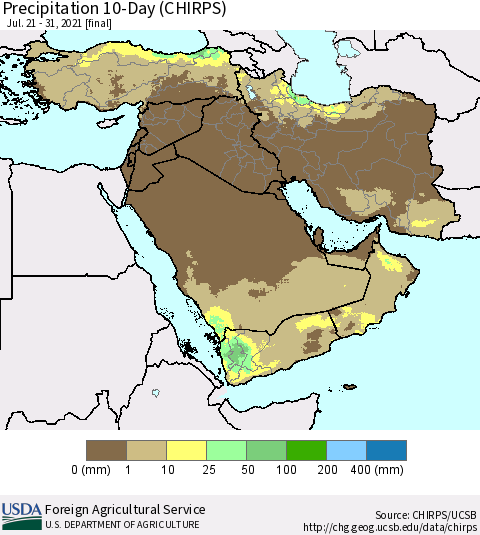 Middle East and Turkey Precipitation 10-Day (CHIRPS) Thematic Map For 7/21/2021 - 7/31/2021