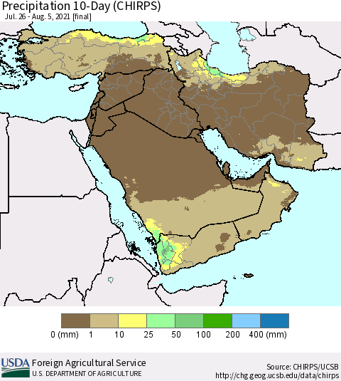 Middle East and Turkey Precipitation 10-Day (CHIRPS) Thematic Map For 7/26/2021 - 8/5/2021
