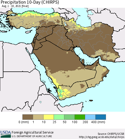 Middle East and Turkey Precipitation 10-Day (CHIRPS) Thematic Map For 8/1/2021 - 8/10/2021