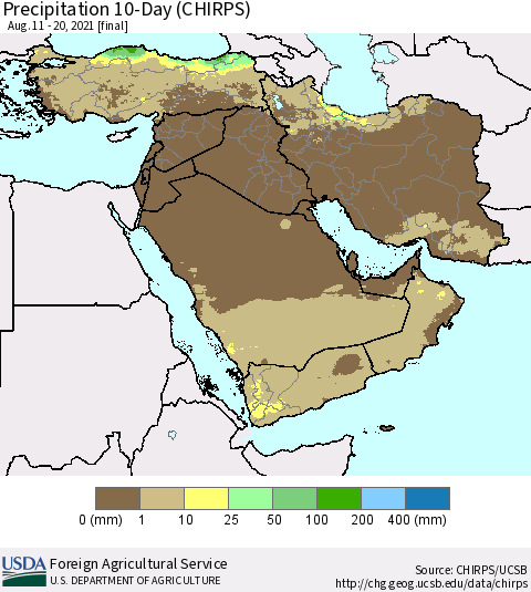 Middle East and Turkey Precipitation 10-Day (CHIRPS) Thematic Map For 8/11/2021 - 8/20/2021