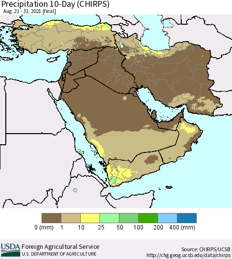 Middle East and Turkey Precipitation 10-Day (CHIRPS) Thematic Map For 8/21/2021 - 8/31/2021