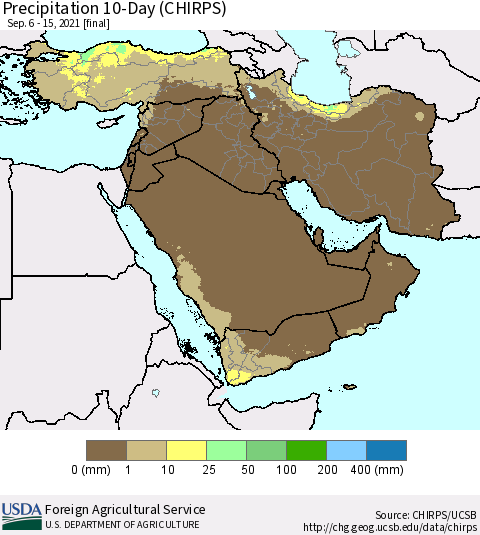 Middle East and Turkey Precipitation 10-Day (CHIRPS) Thematic Map For 9/6/2021 - 9/15/2021