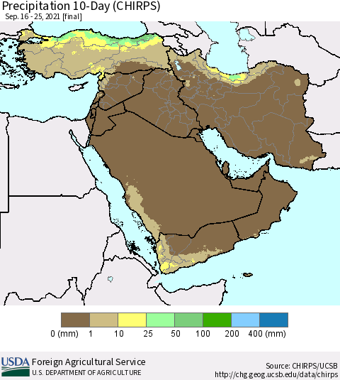 Middle East and Turkey Precipitation 10-Day (CHIRPS) Thematic Map For 9/16/2021 - 9/25/2021