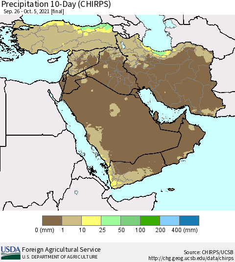 Middle East and Turkey Precipitation 10-Day (CHIRPS) Thematic Map For 9/26/2021 - 10/5/2021