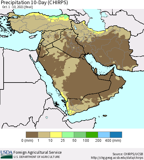 Middle East and Turkey Precipitation 10-Day (CHIRPS) Thematic Map For 10/1/2021 - 10/10/2021