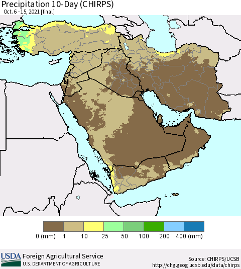 Middle East and Turkey Precipitation 10-Day (CHIRPS) Thematic Map For 10/6/2021 - 10/15/2021