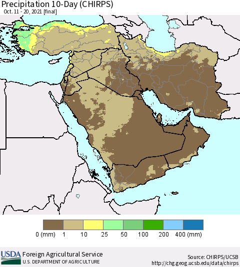 Middle East and Turkey Precipitation 10-Day (CHIRPS) Thematic Map For 10/11/2021 - 10/20/2021