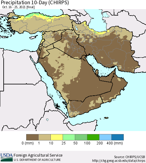 Middle East and Turkey Precipitation 10-Day (CHIRPS) Thematic Map For 10/16/2021 - 10/25/2021