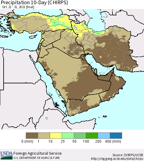 Middle East and Turkey Precipitation 10-Day (CHIRPS) Thematic Map For 10/21/2021 - 10/31/2021