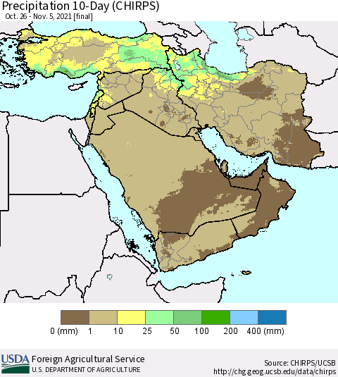 Middle East and Turkey Precipitation 10-Day (CHIRPS) Thematic Map For 10/26/2021 - 11/5/2021