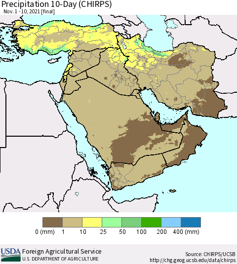 Middle East and Turkey Precipitation 10-Day (CHIRPS) Thematic Map For 11/1/2021 - 11/10/2021
