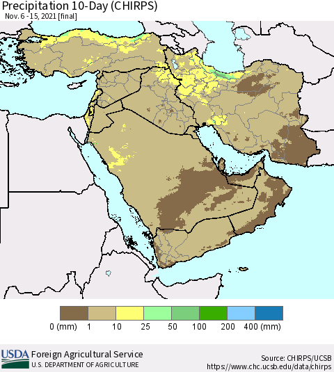 Middle East and Turkey Precipitation 10-Day (CHIRPS) Thematic Map For 11/6/2021 - 11/15/2021