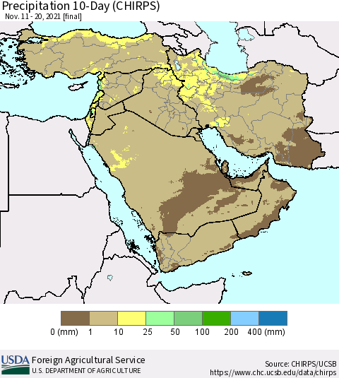 Middle East and Turkey Precipitation 10-Day (CHIRPS) Thematic Map For 11/11/2021 - 11/20/2021