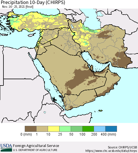 Middle East and Turkey Precipitation 10-Day (CHIRPS) Thematic Map For 11/16/2021 - 11/25/2021