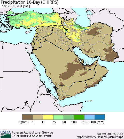 Middle East and Turkey Precipitation 10-Day (CHIRPS) Thematic Map For 11/21/2021 - 11/30/2021