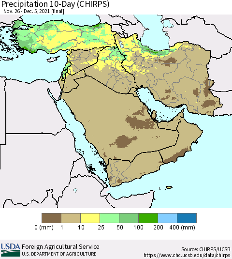 Middle East and Turkey Precipitation 10-Day (CHIRPS) Thematic Map For 11/26/2021 - 12/5/2021
