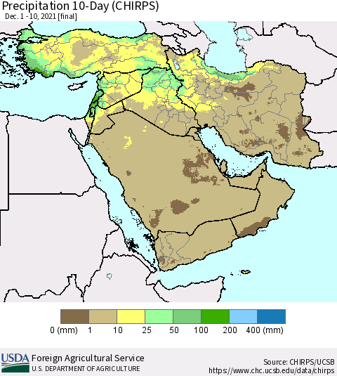 Middle East and Turkey Precipitation 10-Day (CHIRPS) Thematic Map For 12/1/2021 - 12/10/2021