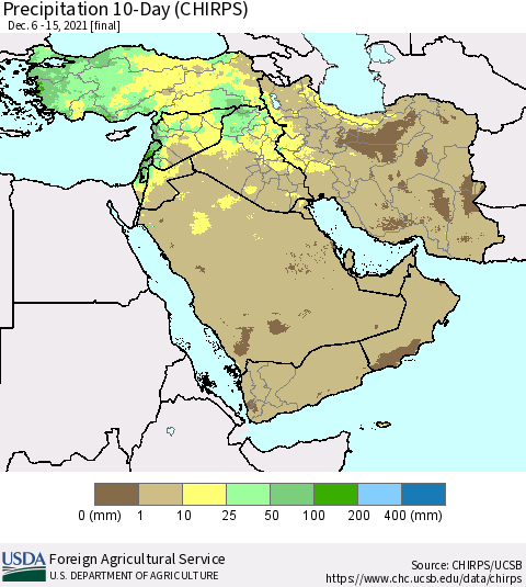 Middle East and Turkey Precipitation 10-Day (CHIRPS) Thematic Map For 12/6/2021 - 12/15/2021