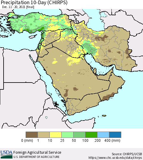 Middle East and Turkey Precipitation 10-Day (CHIRPS) Thematic Map For 12/11/2021 - 12/20/2021