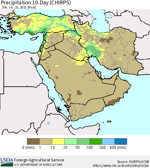 Middle East and Turkey Precipitation 10-Day (CHIRPS) Thematic Map For 12/16/2021 - 12/25/2021