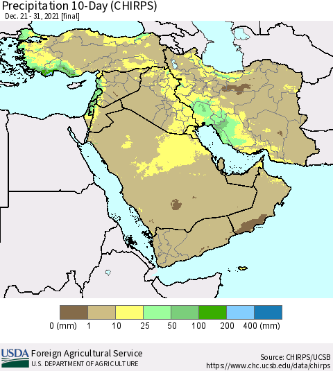 Middle East and Turkey Precipitation 10-Day (CHIRPS) Thematic Map For 12/21/2021 - 12/31/2021