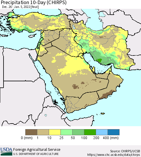 Middle East and Turkey Precipitation 10-Day (CHIRPS) Thematic Map For 12/26/2021 - 1/5/2022