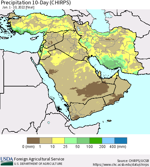 Middle East and Turkey Precipitation 10-Day (CHIRPS) Thematic Map For 1/1/2022 - 1/10/2022