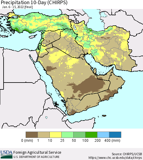 Middle East and Turkey Precipitation 10-Day (CHIRPS) Thematic Map For 1/6/2022 - 1/15/2022
