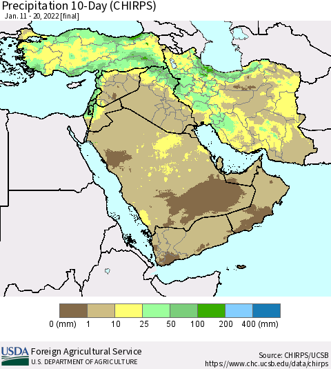 Middle East and Turkey Precipitation 10-Day (CHIRPS) Thematic Map For 1/11/2022 - 1/20/2022
